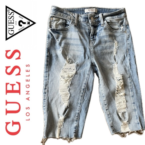 GUESS LOS ANGELES DENIM BERMUDA DISTRESSED SHORTS SIZE 25 - Picture 1 of 14